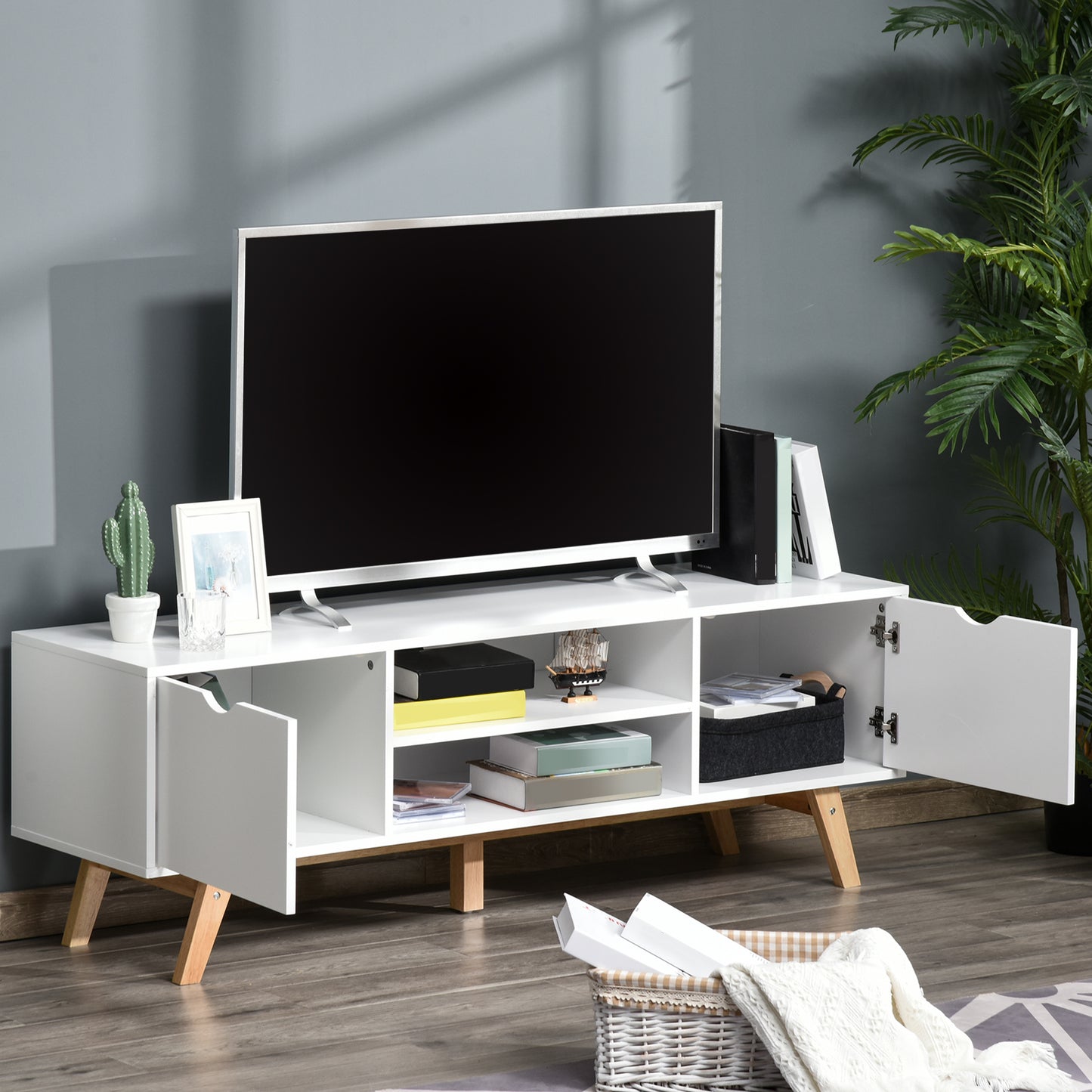 Modern Wooden TV Stand with 2 Storage Cabinet Stand for TV's up to 65" for Living Room Office, Storage Entertainment Center, White