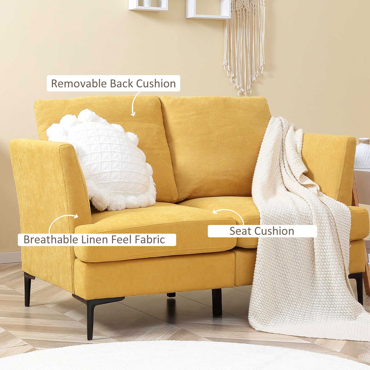 54" Loveseat Sofa for Bedroom, Modern Love Seats Furniture, Upholstered Small Couch for Small Space, Yellow