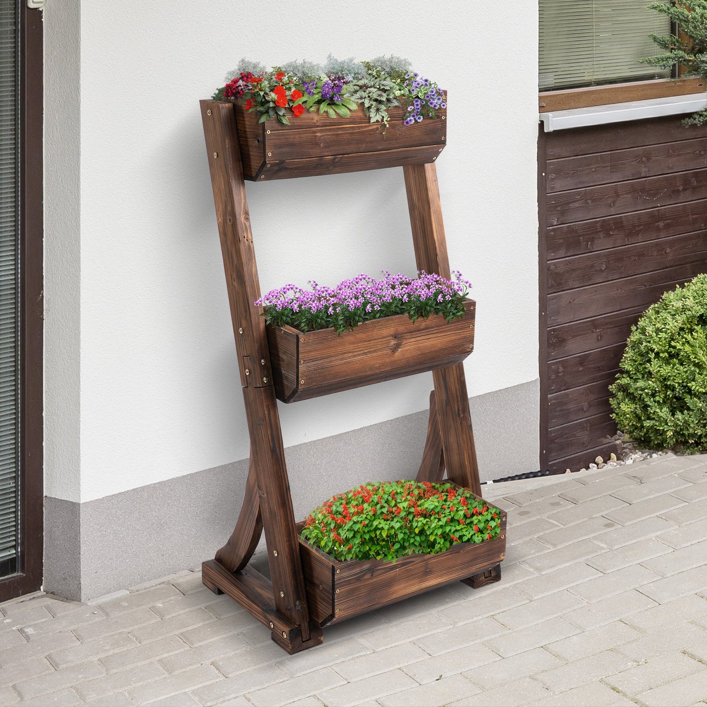 Outsunny 3-Tier Raised Garden Bed Outdoor Vertical Freestanding Wooden Flower Rack