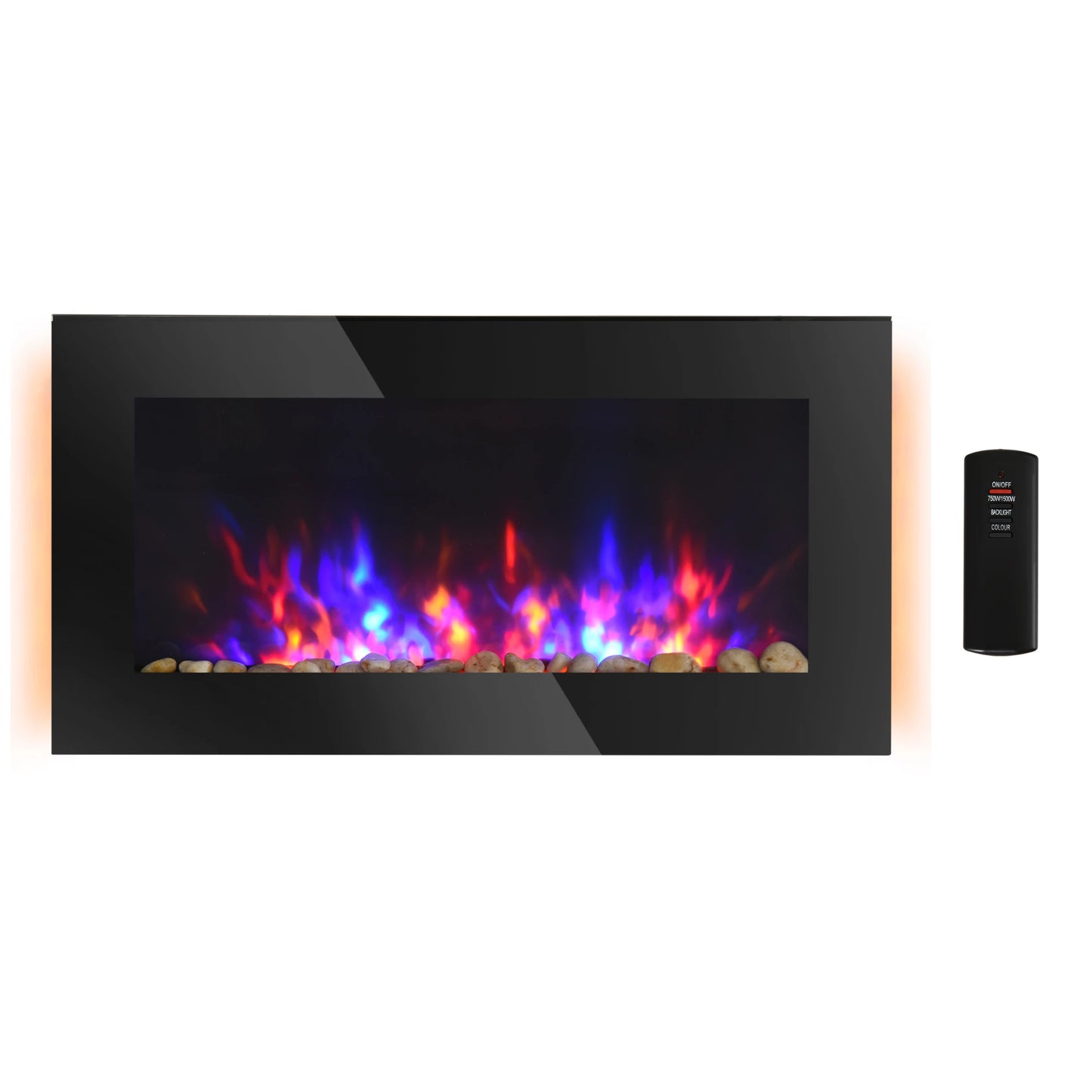 36" Wall-Mounted Electric Fireplace, 750/1500W Fireplace Heater with Flame Effect, 7 Color Background Light and Side Light, Black