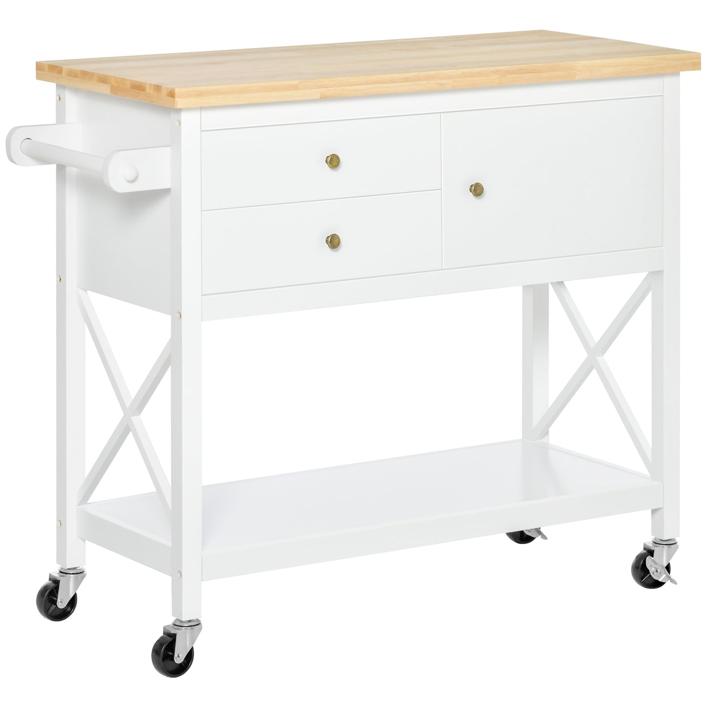 Utility Kitchen Cart Rolling Kitchen Island Storage Trolley with Rubberwood Top, 2 Drawers, Towel Rack, White