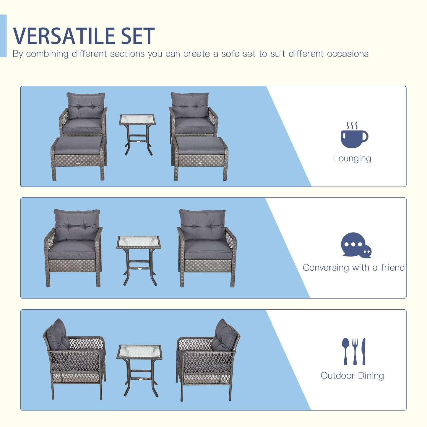 Outsunny 5-Piece Outdoor PE Rattan Wicker Patio All Weather Conversation Sofa Furniture Set with 2 Cushioned Armchair, 2 Ottomans and Coffee Table, Grey