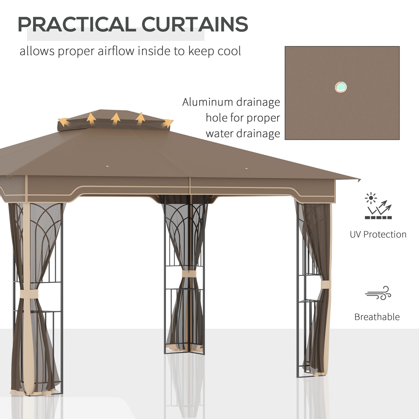 12' x 10' Patio Gazebo Outdoor Canopy Shelter with Double Tier Roof and Netting Sidewalls, Brown