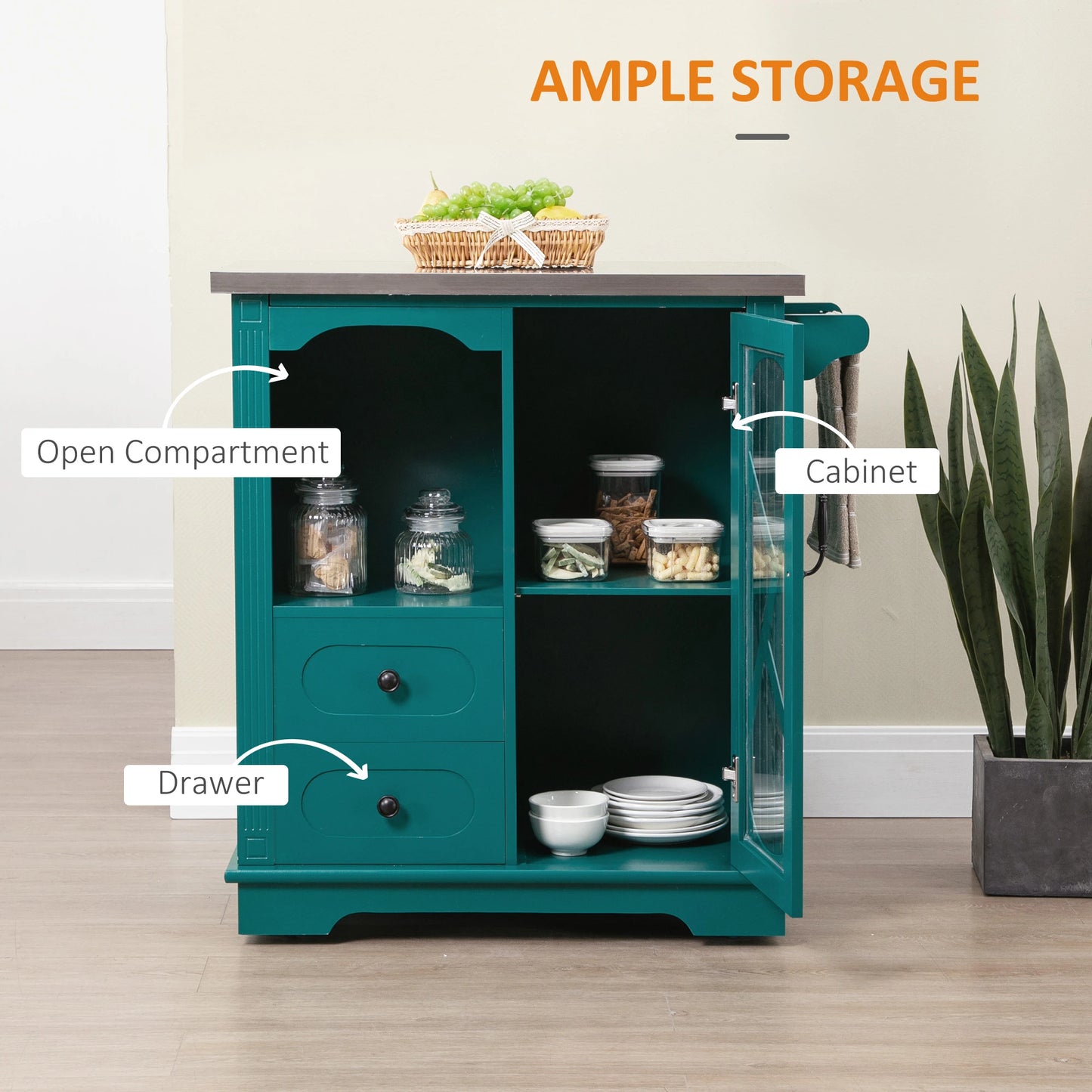 Rolling Kitchen Island Storage Cart, Kitchen Cabinet with Stainless Steel Top, Glass Door & Drawers for Kitchen, Green