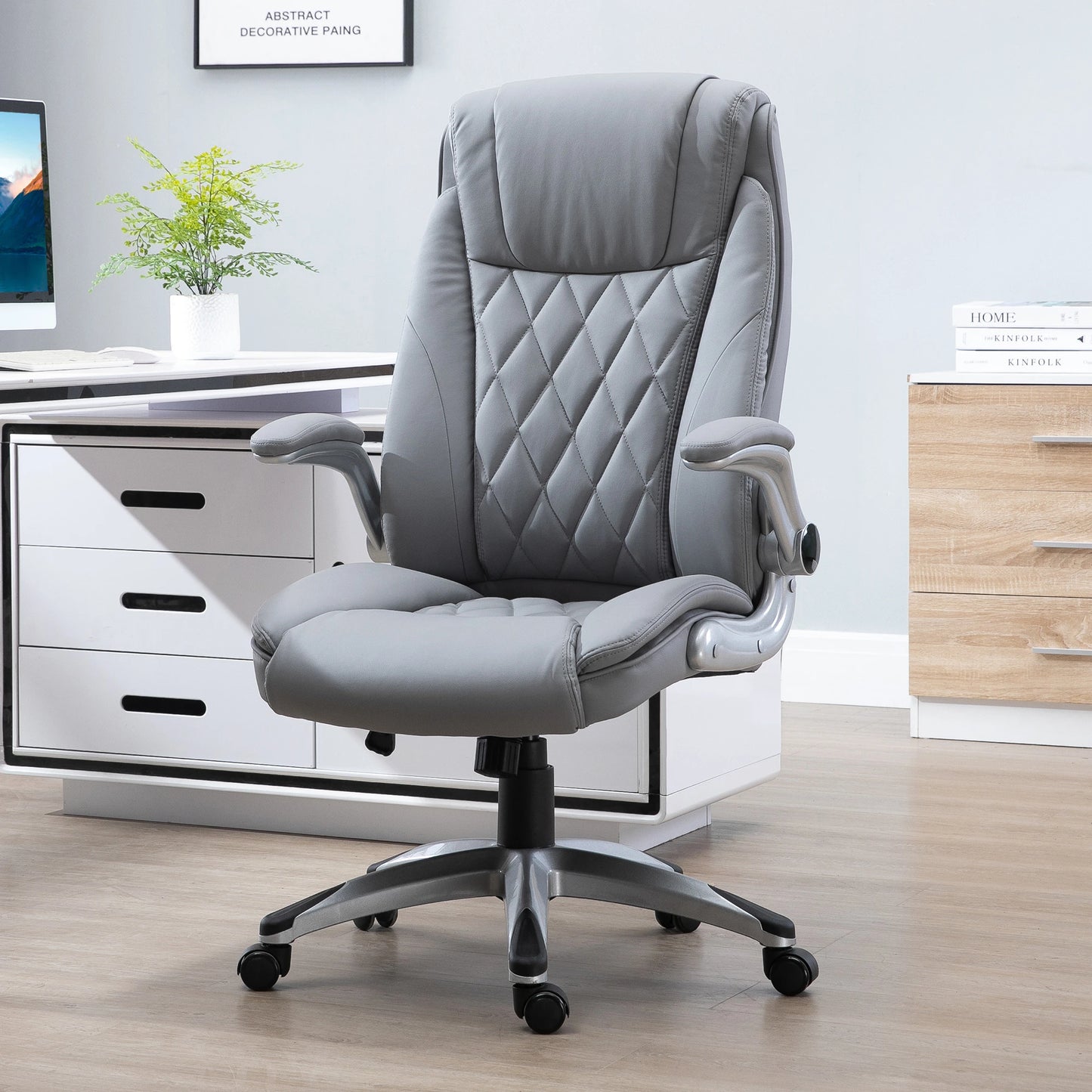 High-Back Office Chair Executive Swivel Computer Desk Chair, with PU Leather, Flip-up Armrest, Grey