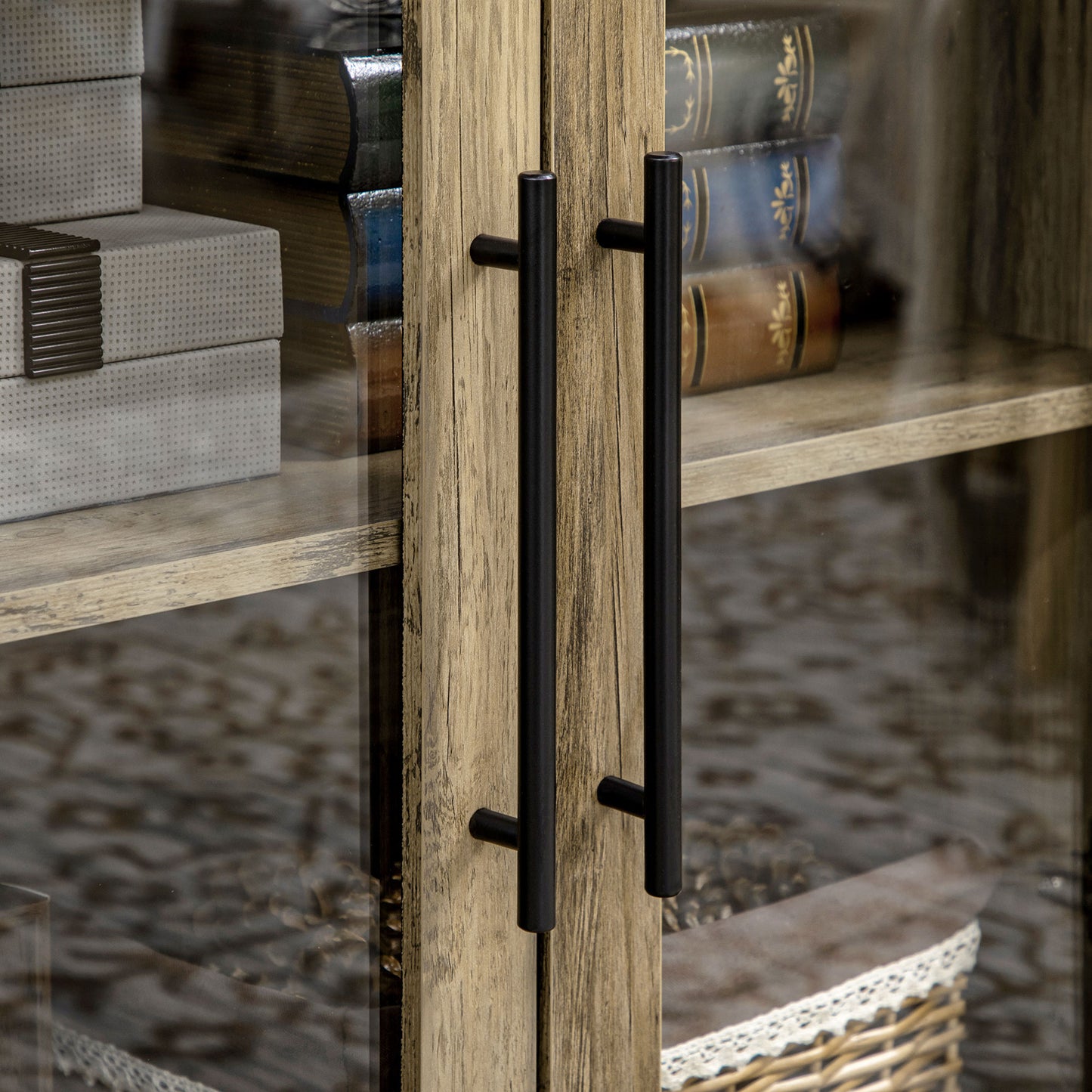 Farmhouse Buffet Cabinet with Glass Doors, Kitchen Sideboard, Coffee Bar for Living Room, Dining Room, Distressed Grey