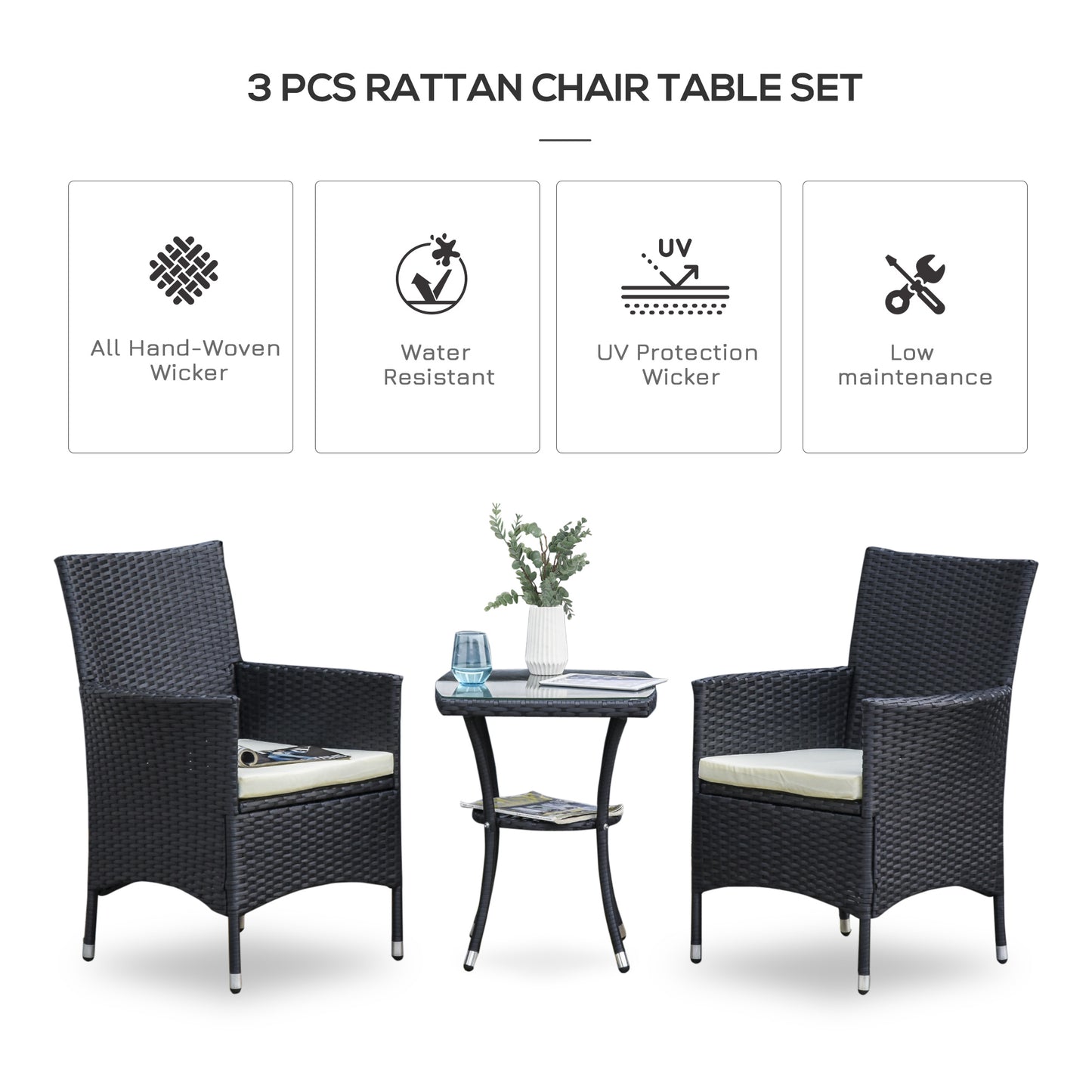 Outsunny 3 Pieces Patio Bistro Set, Outdoor PE Rattan Porch Furniture with Two Armchairs, Glass Top Coffee Table, Black