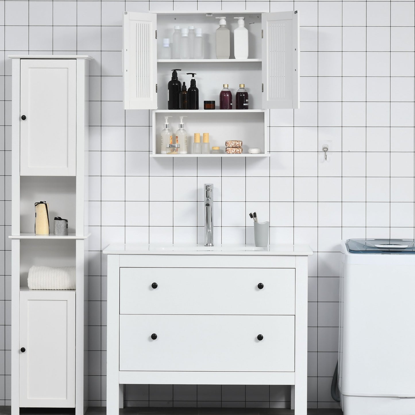 Modern Wall Mount Bathroom Cabinet, Storage Organizer with 2 Door Cabinet and Shelf, White