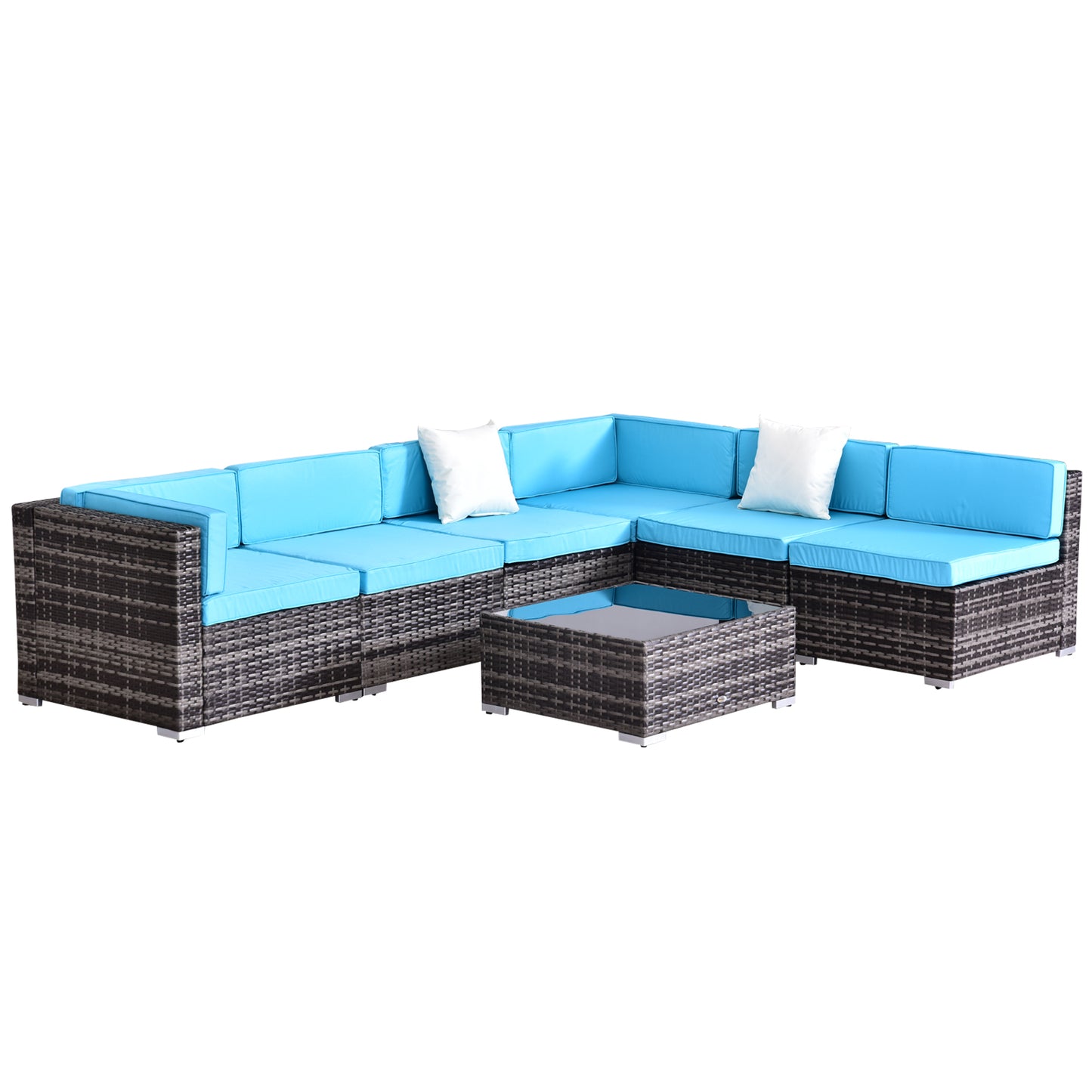 Outsunny 7 Pieces Outdoor Rattan Furniture Set, Patio Wicker Sectional Conversation Sofa Set w/Cushions & Tempered Glass Coffee Table