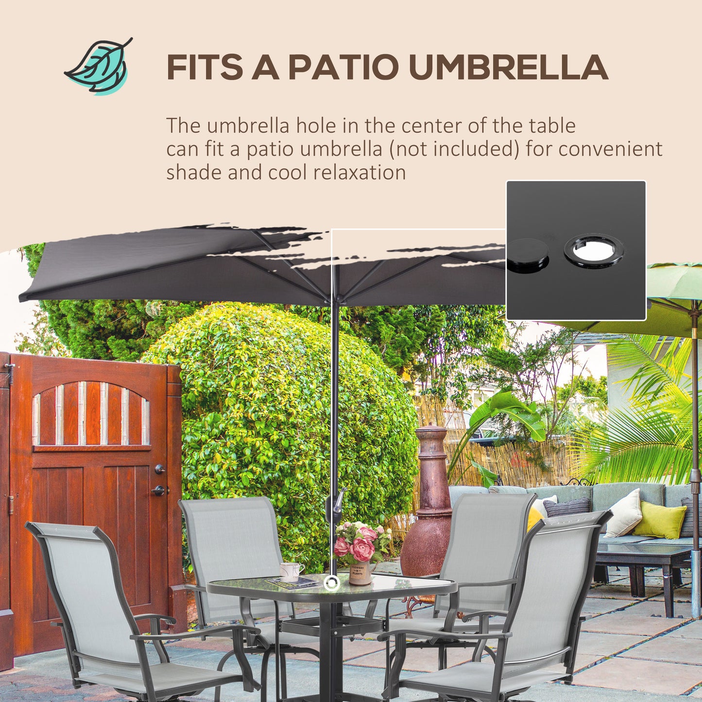 Outsunny 5 Pieces Patio Furniture Set, Outdoor Garden Conversation Set with Tempered Glass Table, 4 Swivel Chairs and Umbrella Hole, Grey