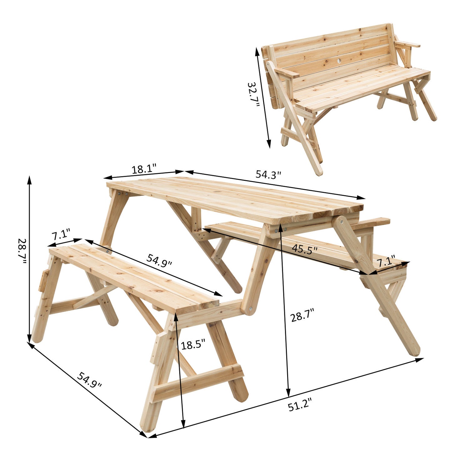 Outsunny Patio Wood Picnic Table, Outdoor 2 in 1 Convertible Patio & Garden Bench, Foldable Picnic Table, Nature