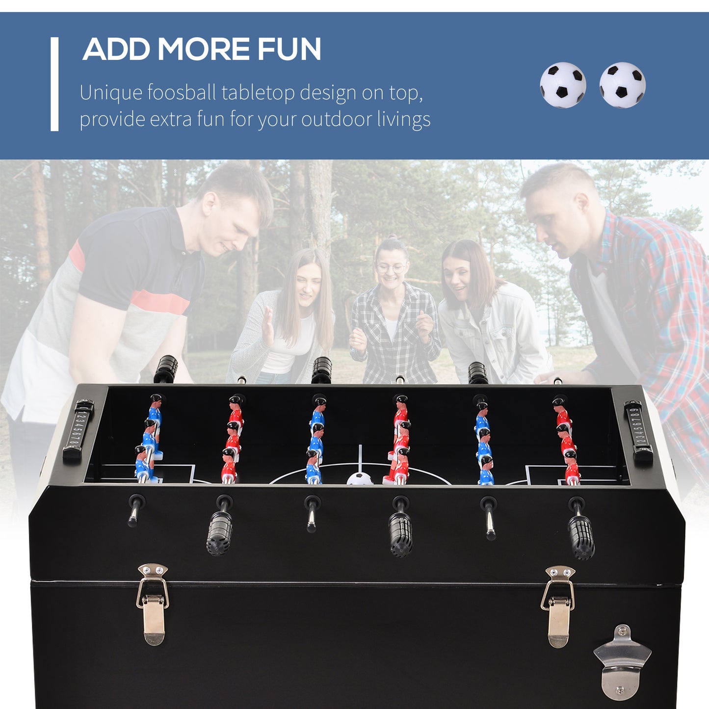 Outsunny 65L Patio Cooler Ice Chest with Foosball Table Top, Portable Poolside Party Bar Cold Drink Rolling Cart on Wheels with Tray Shelf Black