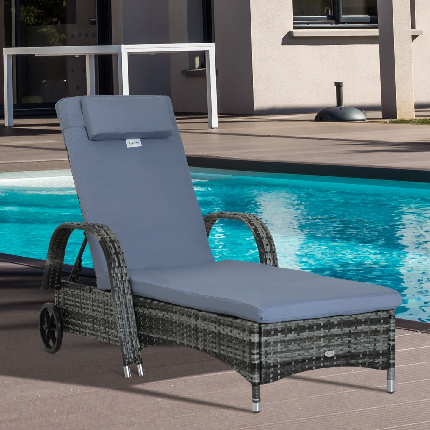 Outsunny Outdoor PE Rattan Wicker Chaise Lounge Chair with Height Adjustable Backrest & Durable Material, Grey