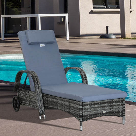 Outsunny Outdoor PE Rattan Wicker Chaise Lounge Chair with Height Adjustable Backrest & Durable Material, Grey