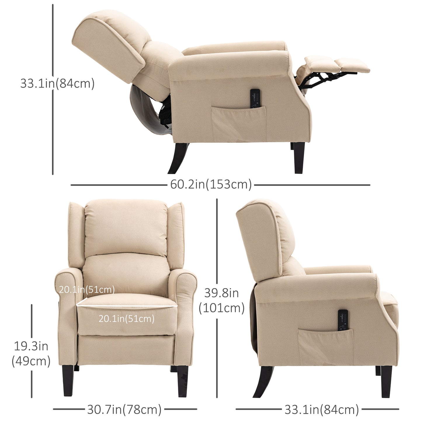 Massage Recliner Chair for Living Room, Push Back Recliner Armchair with Extendable Footrest, Remote Controller, Side Pocket, Cream White