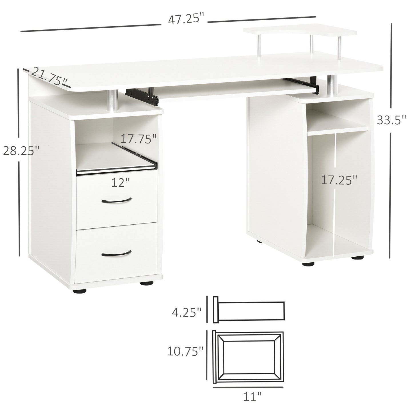 Computer Desk with Keyboard Tray, CPU Stand, Writing Desk with Drawers, Workstation for Home Office, White