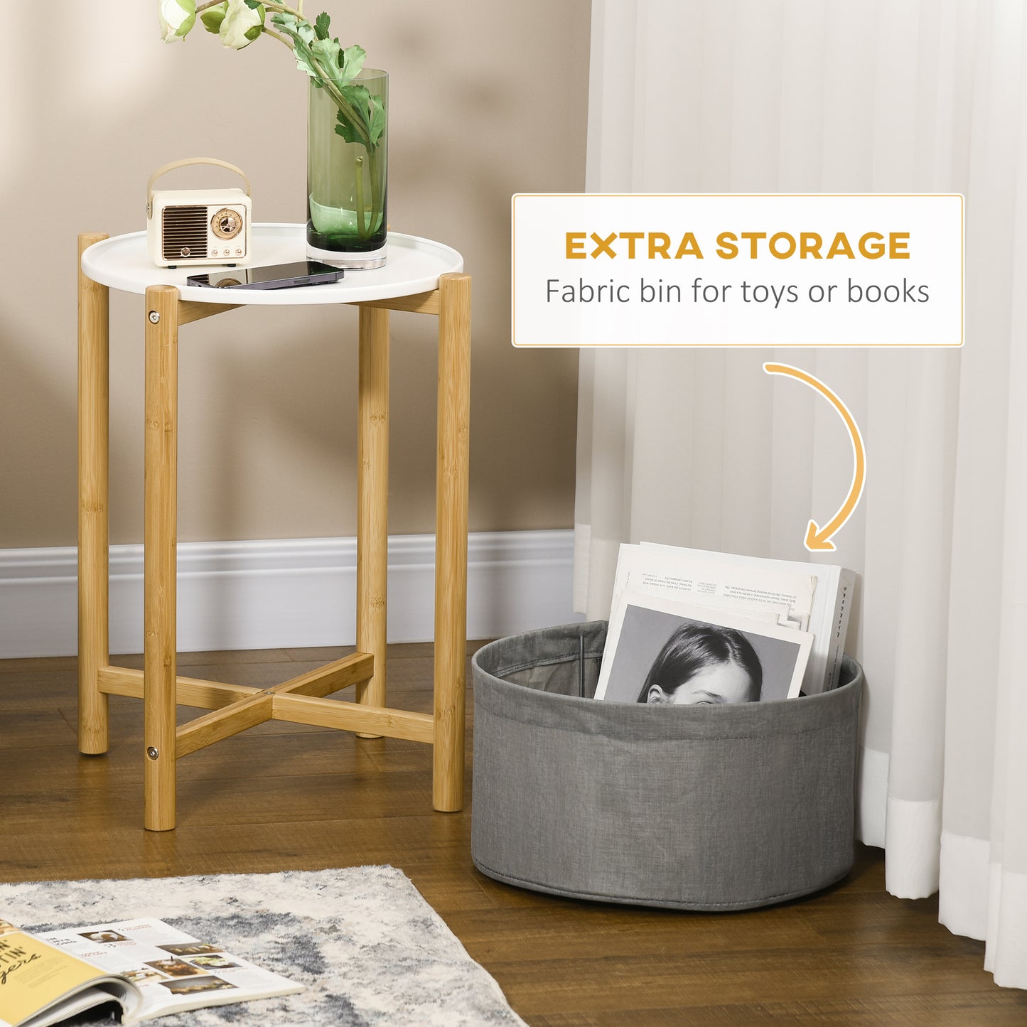 Round Side Table with Detachable Tray Top and Fabric Storage Basket, End Table with Bamboo Frame