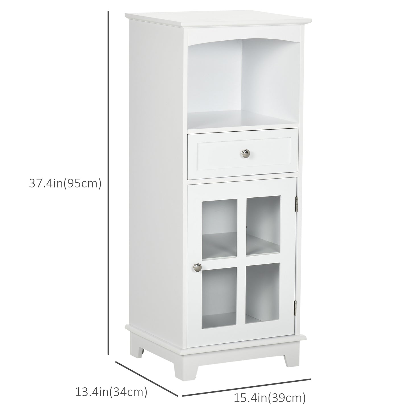 Bathroom Floor Cabinet with Drawer, Glass Door Side Cabinet, Multifunctional Corner Unit with Adjustable Shelf for Home Office, Living Room, Bedroom, White