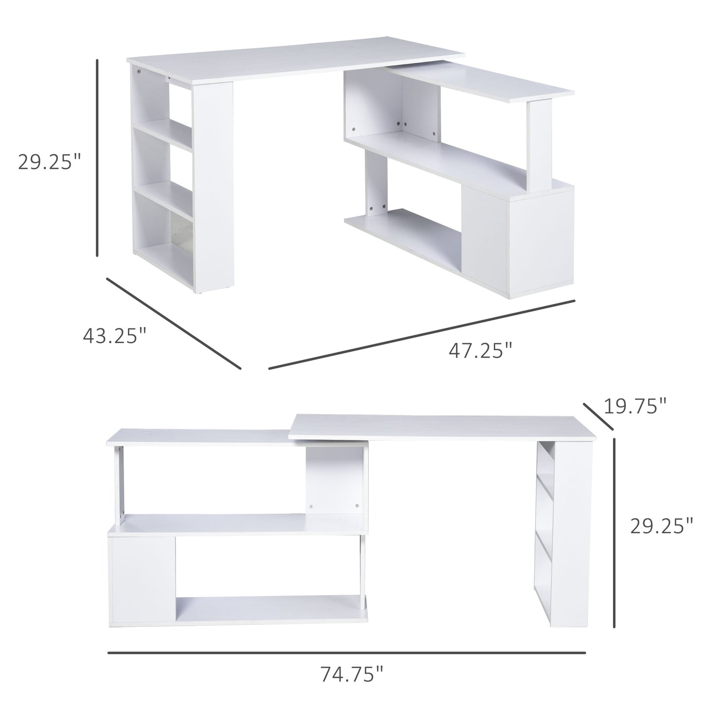 360° Rotating Corner Desk L-Shaped PC Workstation Student Writing Table with Storage Shelf Home Office White