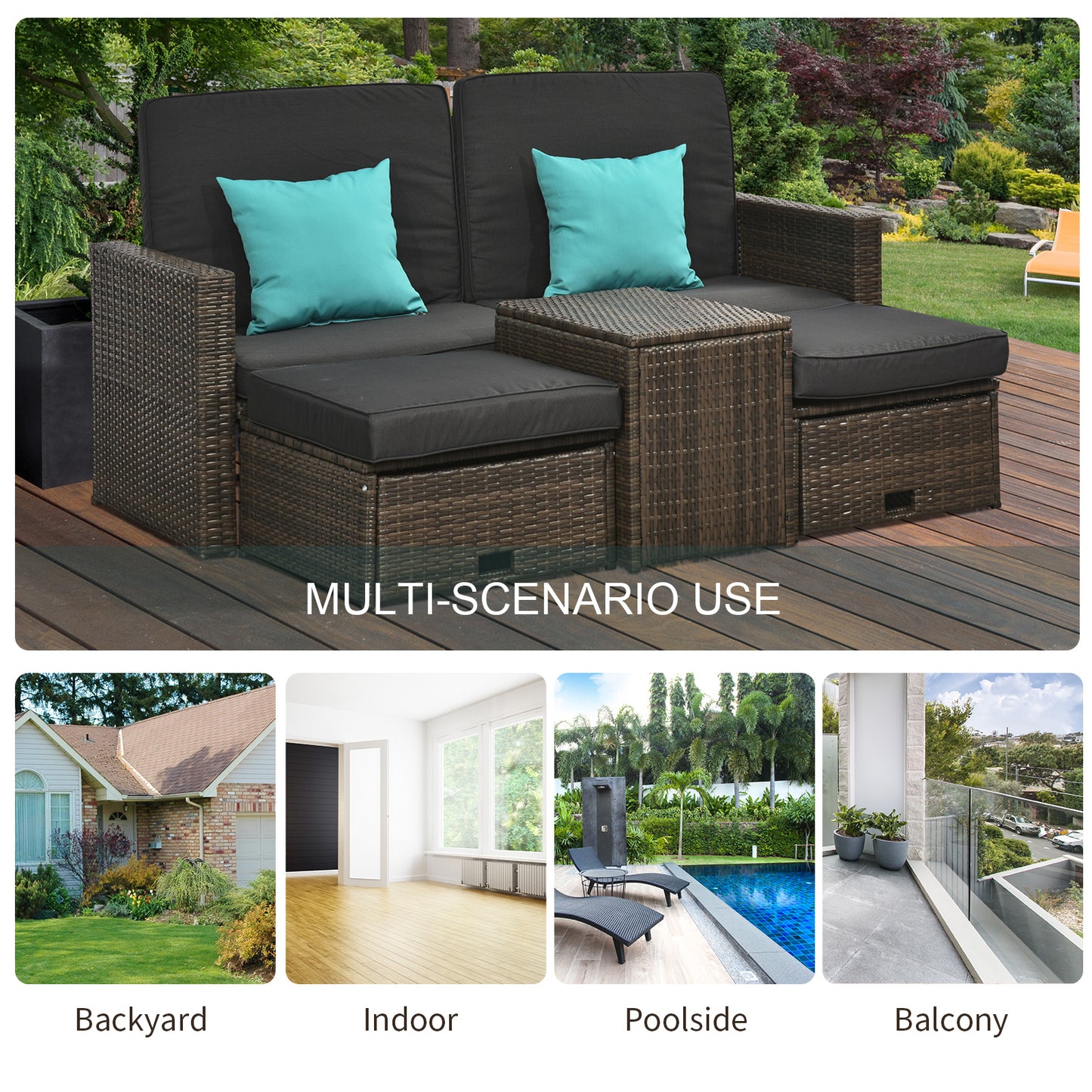 Outsunny 5pcs Patio Rattan Wicker Sofa Set Adjustable Chaise lounge Furniture w/ Coffee Table & Ottoman for Patios, Garden, Backyard, Deep Grey