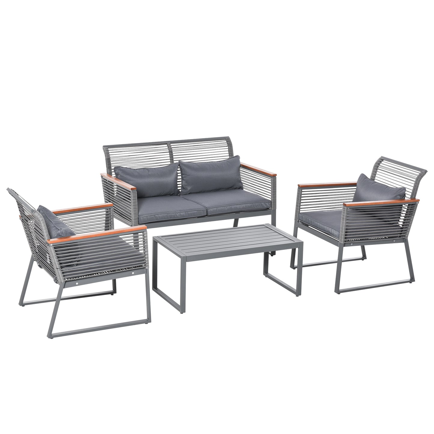 Outsunny 4pc Rattan Wicker Sofa Set Garden Conservatory Sofa Furniture w/ Steel Tea Table & Cushioned Grey