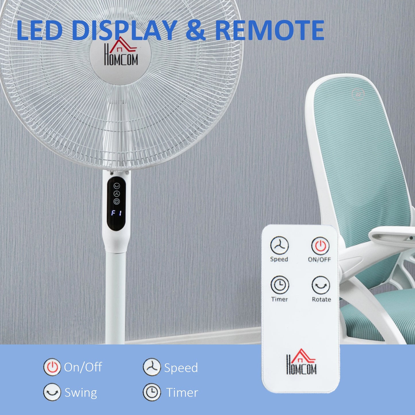 Floor Standing Fan with Remote Control, Oscillating, LED Screen, Stand Up Cooling Fan, Tall Pedestal Electric Fan for Home Bedroom, White