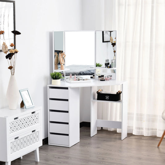 Corner Vanity Table, Makeup Desk with Three-Fold Mirror and 5 Drawers, White