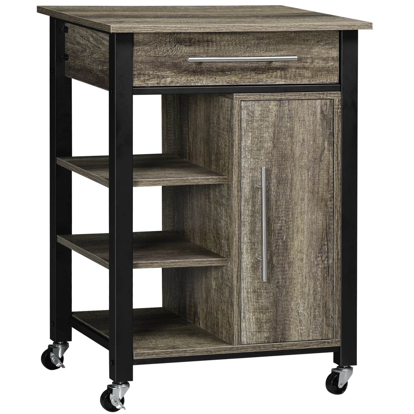 Kitchen Trolley Utility Cart on Wheels with Storage Shelves & Drawer for Dining Room, Dark Oak