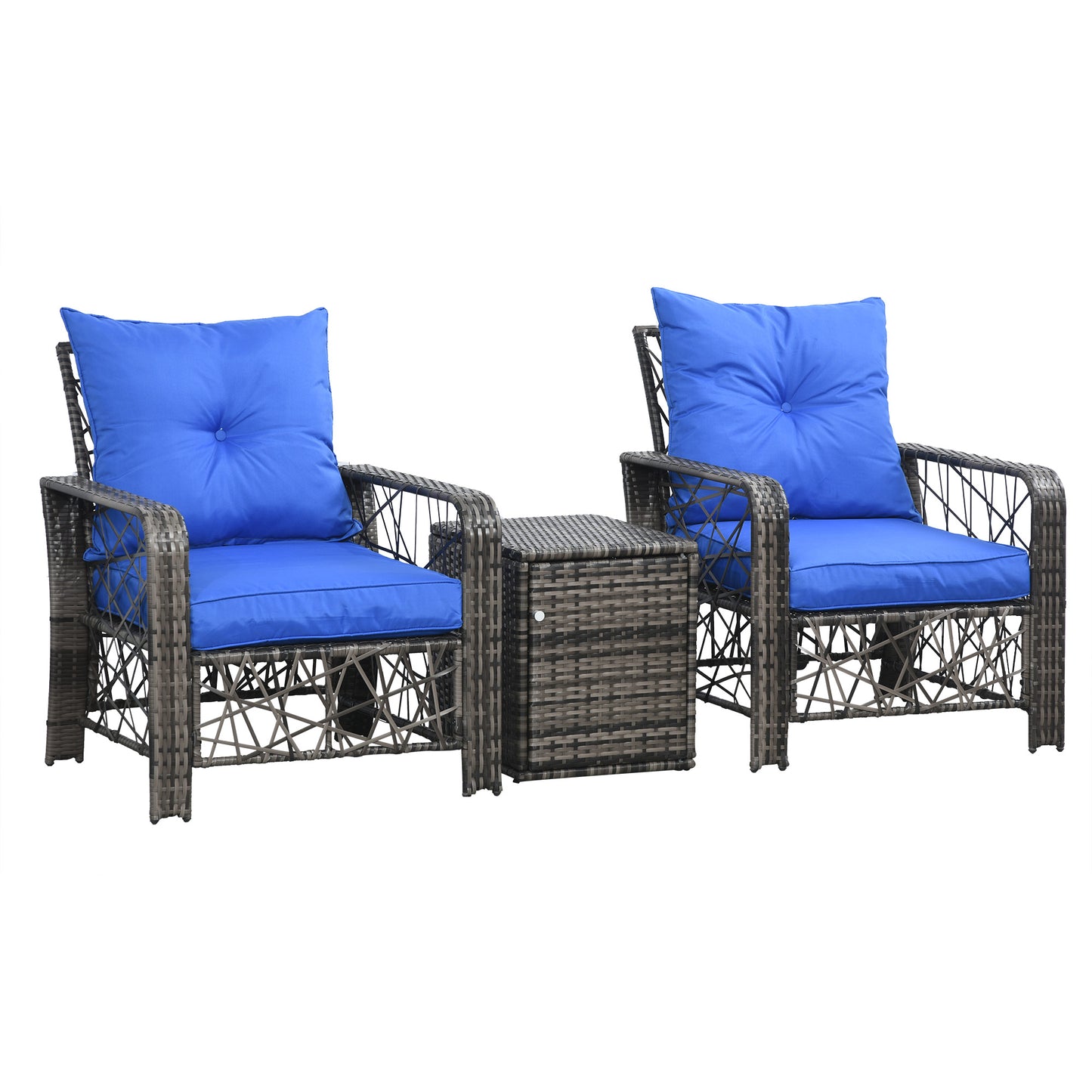 Outsunny 3 PCS Patio Wicker Coffee Table Set Bistro Conversation Furniture with Cushion & Storage Function Patio Yard Porch Blue