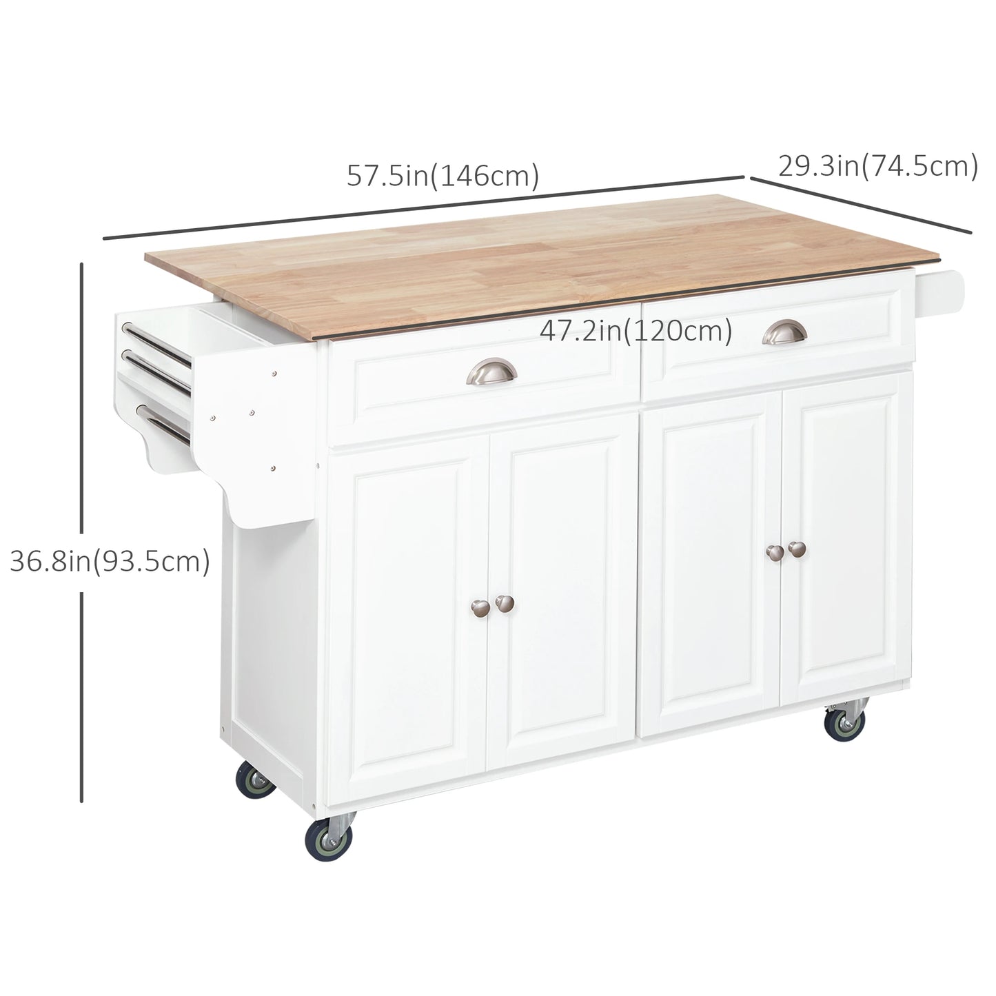 Rolling Kitchen Island on Wheels Utility Cart with Drop-Leaf and Rubber Wood Countertop, Storage Drawers, Door Cabinets, White