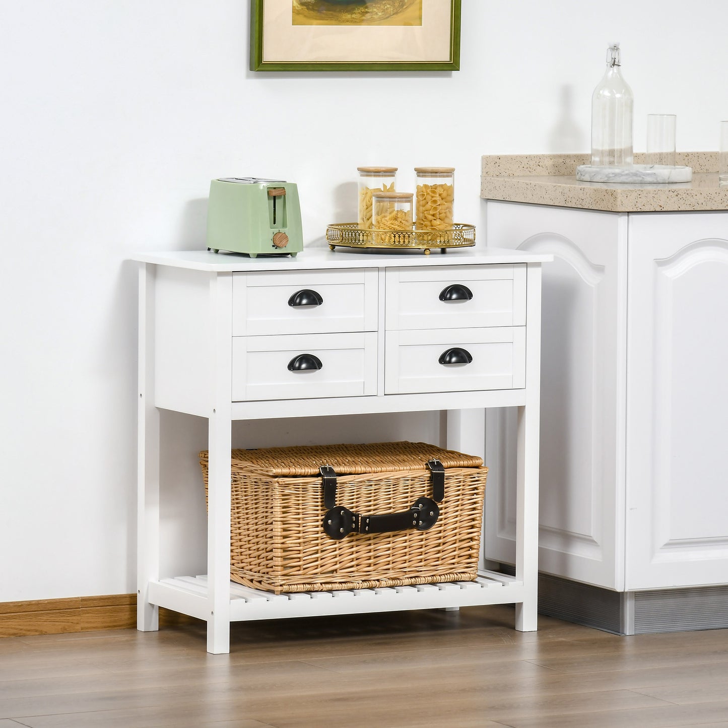 Console Table Sofa Table Sideboard with 4 Drawers & Slatted Shelf for Kitchen, Entryway, White