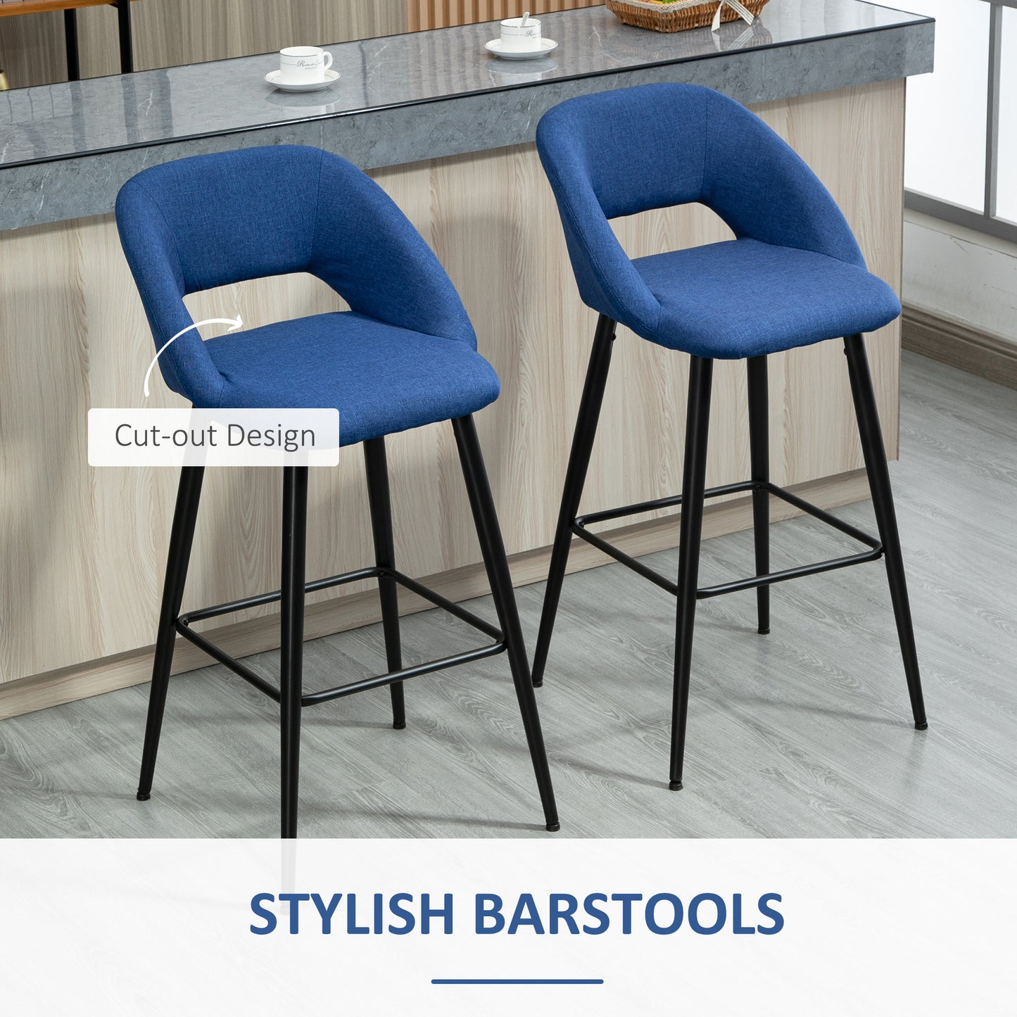 Fabric Bar stools Set of 2, 29.5" Pub Height Chairs with Steel Legs, Backrest for Kitchen Counter, Dining Room, Bistro Table, Blue