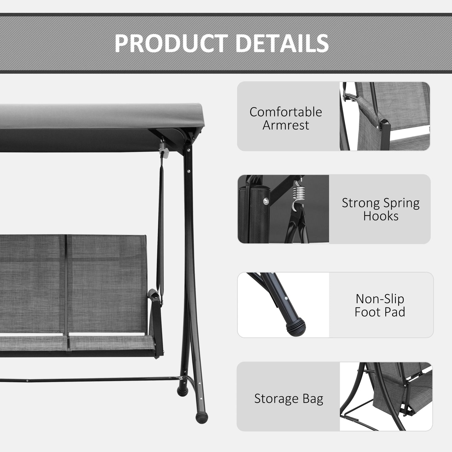 Outsunny 3 Person Porch Swing Chair with High Back Design, Side Pouches and Adjustable Canopy Outdoor Patio Dark Grey