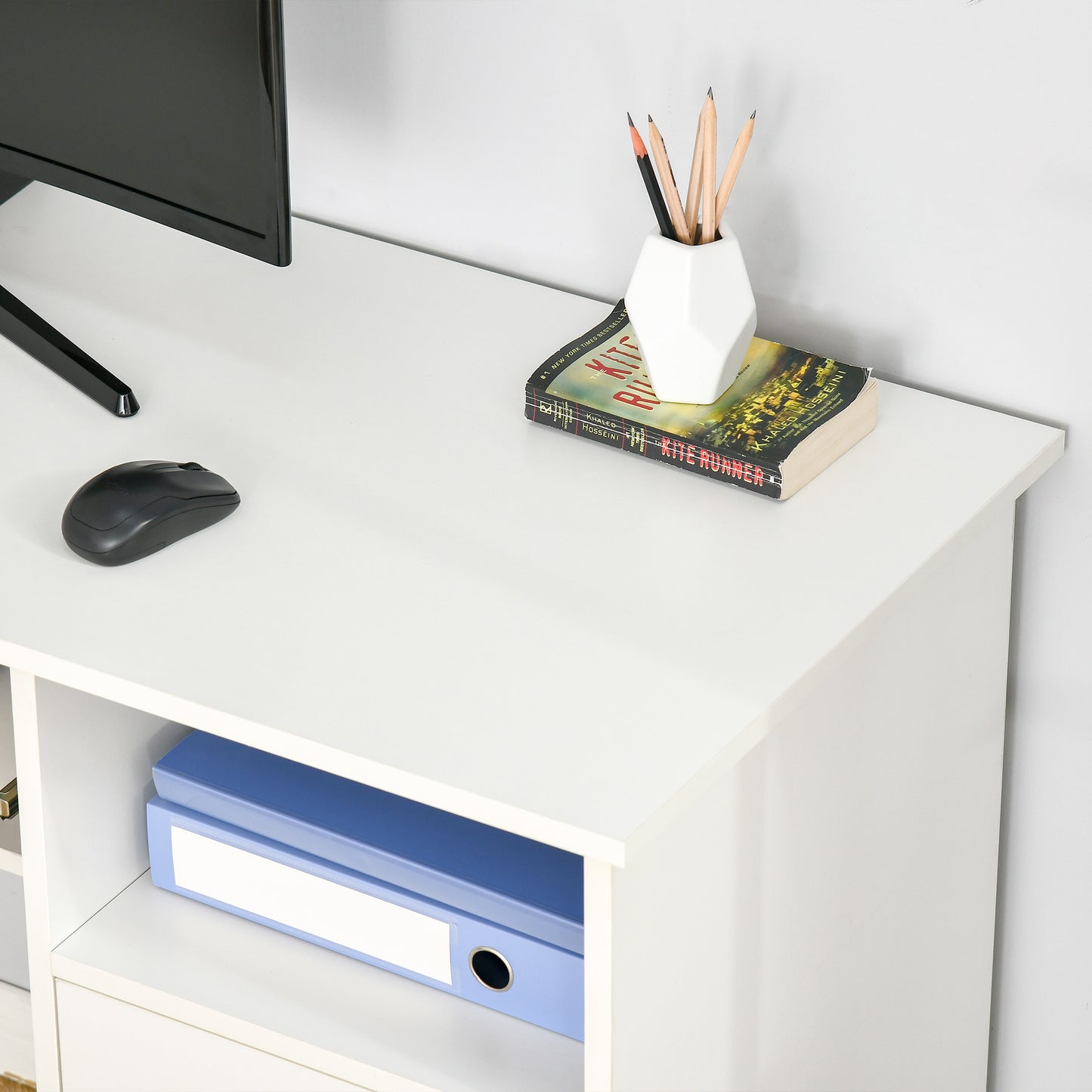 Computer Desk with Keyboard Tray and Drawers, Writing Desk, Home Office Workstation, White