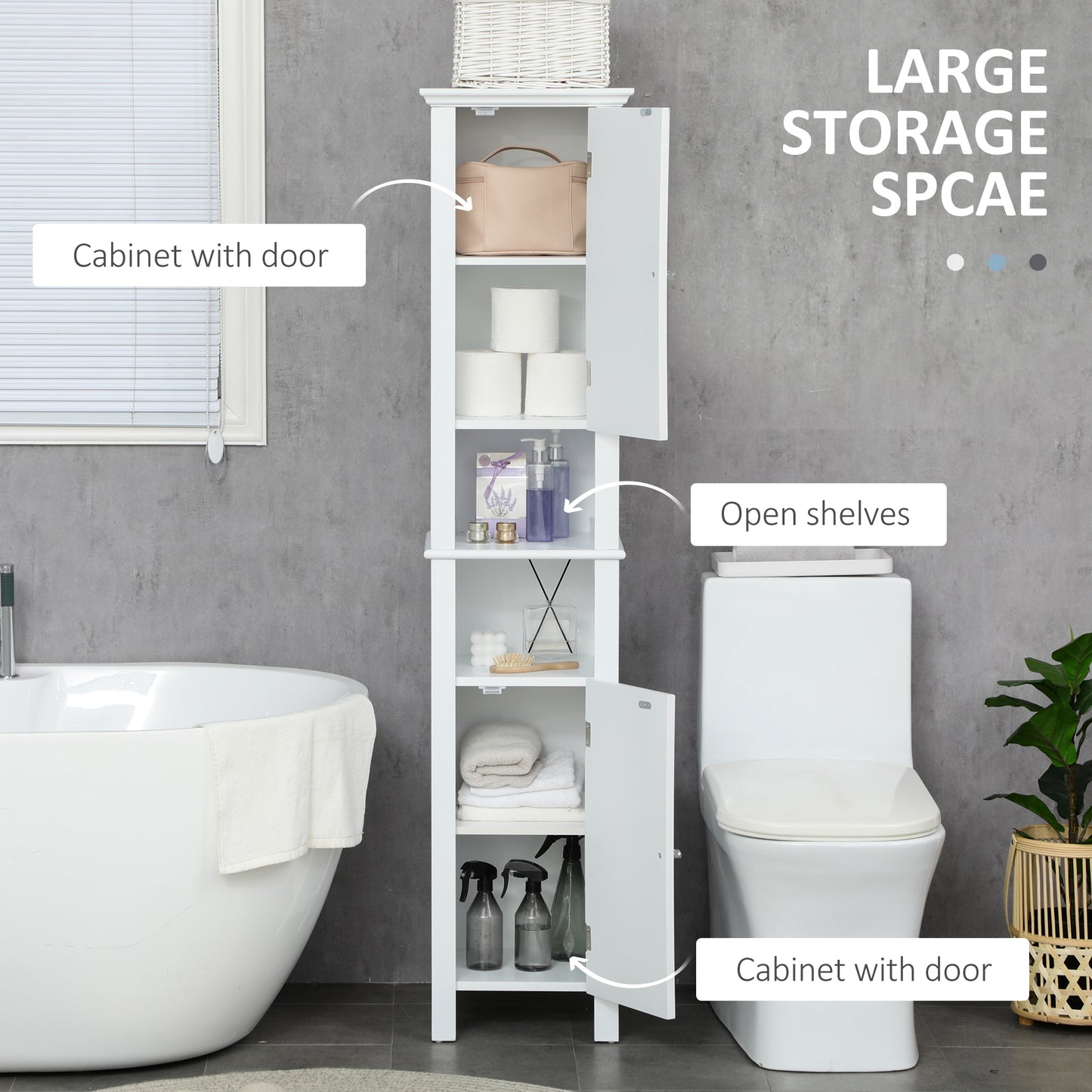 Bathroom Cabinet, Freestanding Linen Cabinet with Open Shelves and Cupboards, 13.8" x 11.8" x 62.4", White