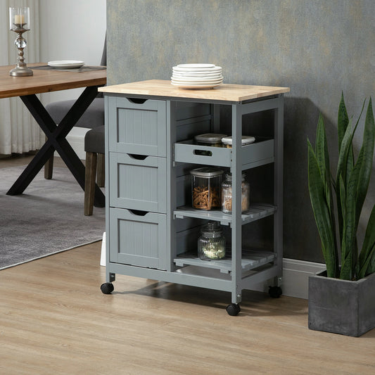 Rolling Kitchen Island Cart, Bar Serving Cart, Compact Trolley on Wheels with Wood Top, Shelves & Drawers for Home Dining Area, Grey