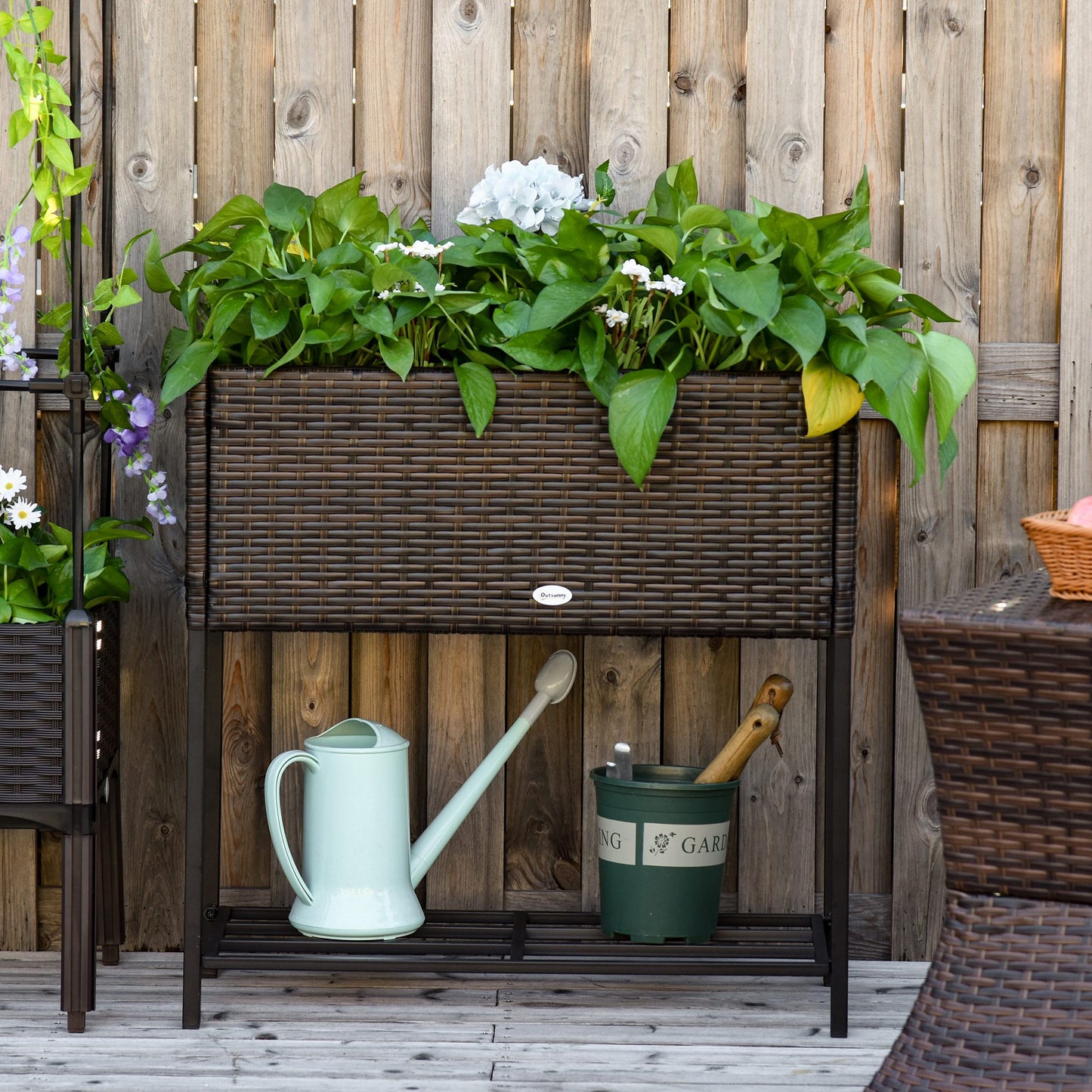 Outsunny Modern Elevated Metal Raised Garden Bed with Rattan Wicker Look, Underneath Tool Storage Rack, Brown