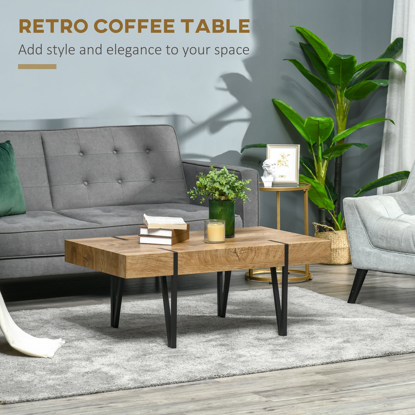 Rustic Coffee Table, Rectangle Nature Cocktail Table with Steel Hairpin Legs for Living Room