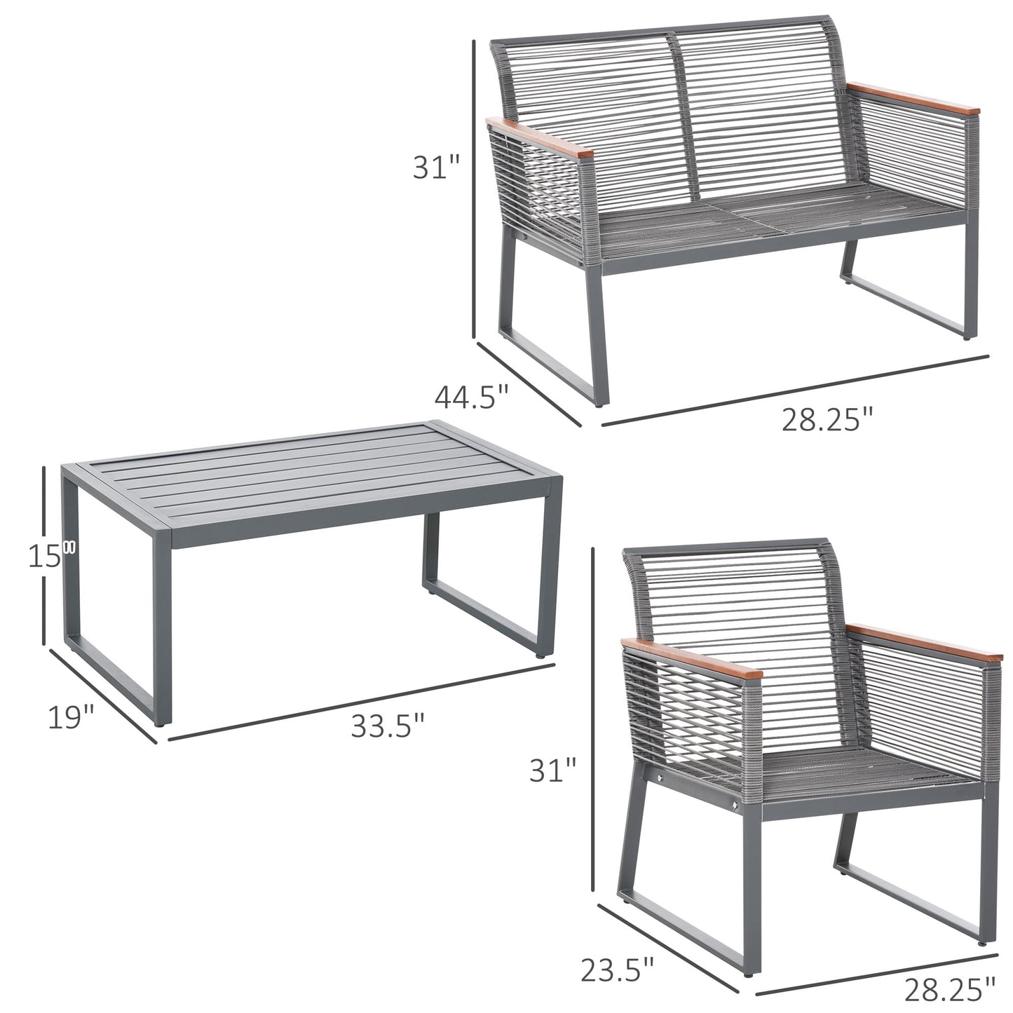 Outsunny 4pc Rattan Wicker Sofa Set Garden Conservatory Sofa Furniture w/ Steel Tea Table & Cushioned Grey