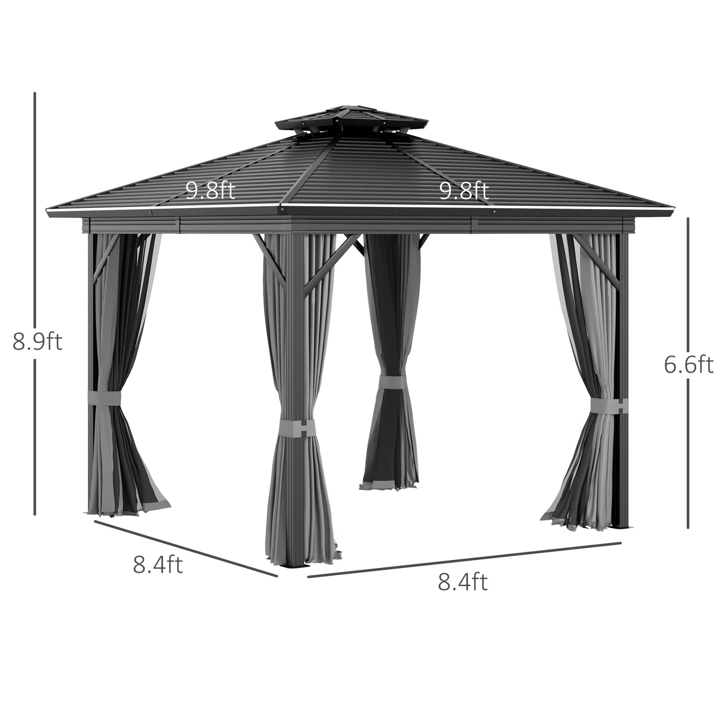 Outsunny 10' x 10' Steel Hardtop Gazebo Garden Sun Shelter with Mosquito Netting and Curtains Hanging Hook Aluminum Frame Black