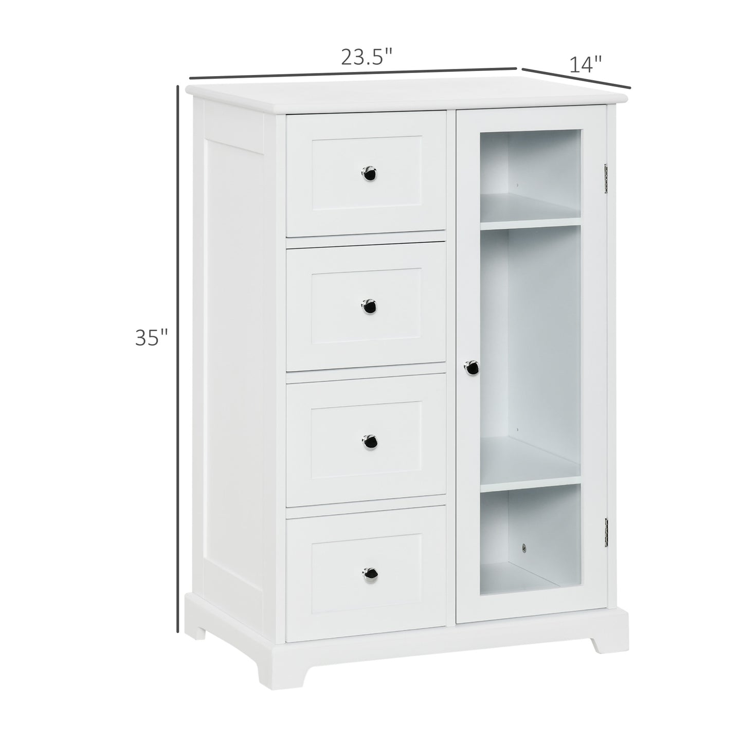 Floor Cabinet with Glass Door & 4 Drawers, Sideboard, Bathroom Storage Cabinet with Adjustable Shelf, for Living Room, Entryway, White