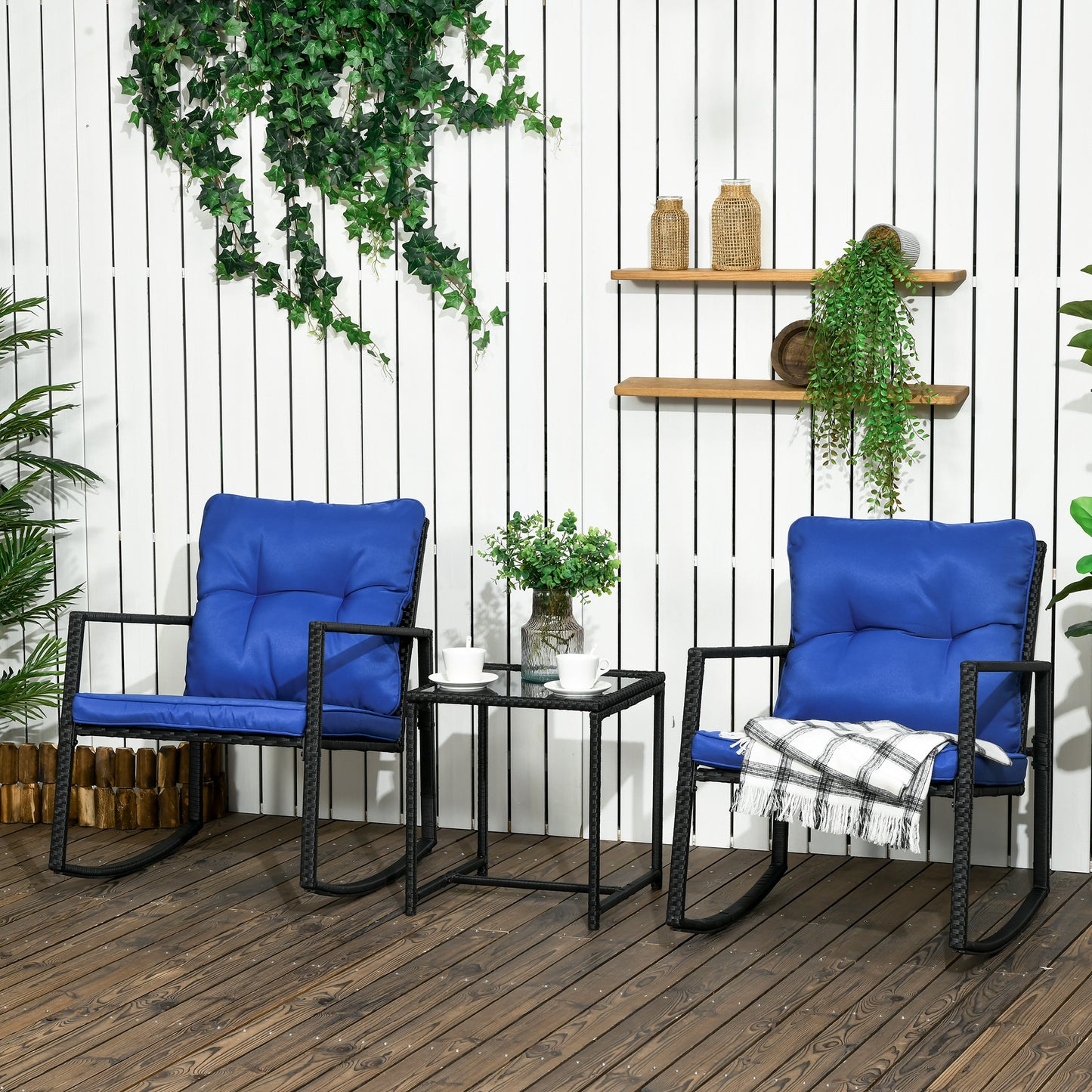 3 Pieces Rocking Bistro Set, Outdoor Wicker Patio Furniture with Glass Coffee Table and Outside Rocking Chairs for Porch, Conversation Sets with Thick Cushions, Blue