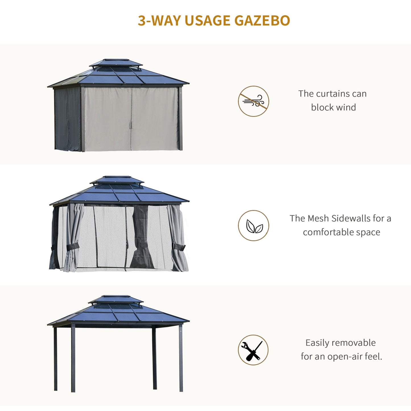 Outsunny 12' x 10' Polycarbonate Hardtop Gazebo Canopy Double Tier Roof Aluminum Frame, Black