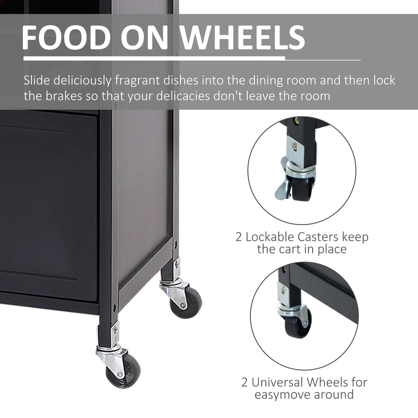 Portable Kitchen Trolley with Bamboo Top Storage Cabinet and Wine Rack (Black )