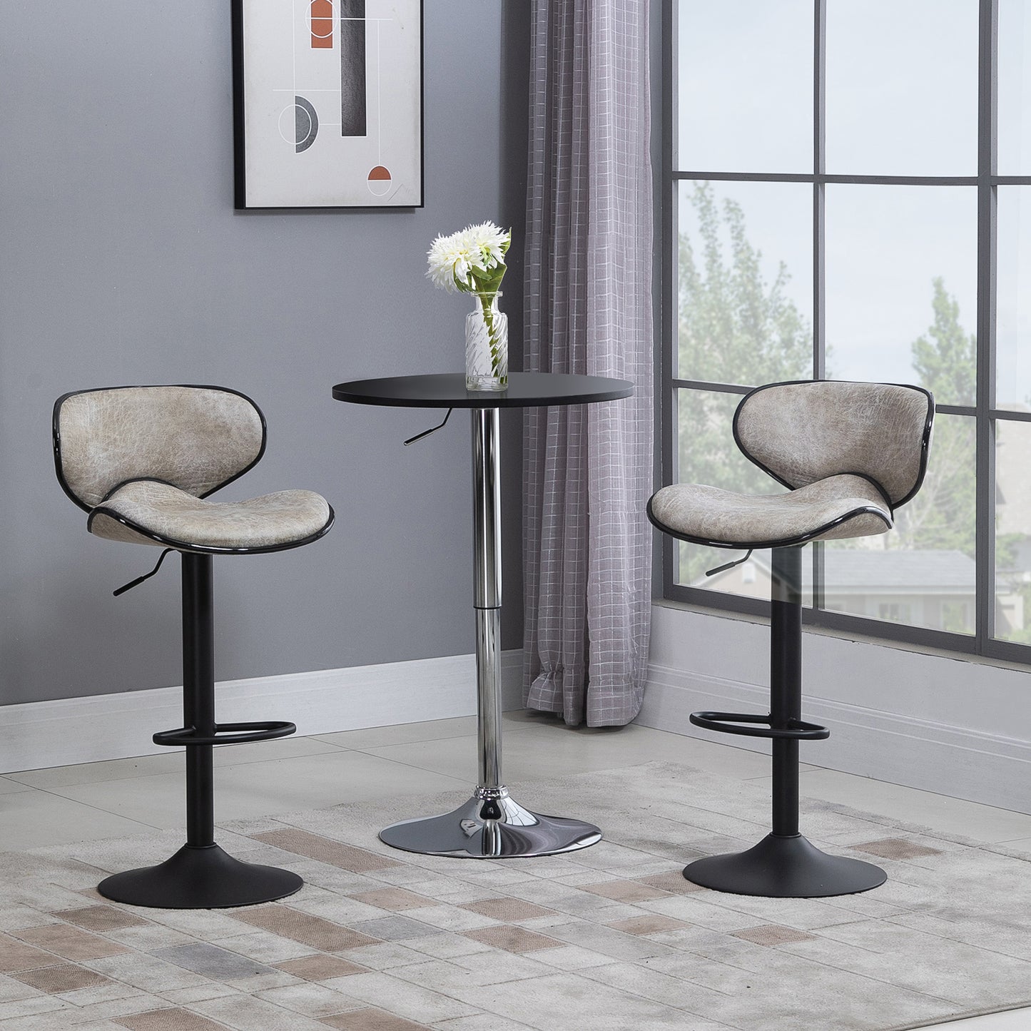 Vintage Bar Stool Set of 2 Faux Leather Adjustable Height Armless Chairs with Swivel Seat, Grey