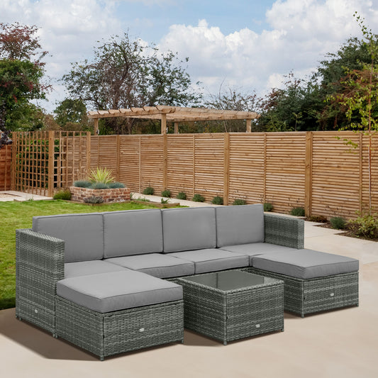 Outsunny 7pcs Wicker Rattan Sectional Set Outdoor Patio Sofa Table Footstools Set Garden Furniture with Cushions Gray