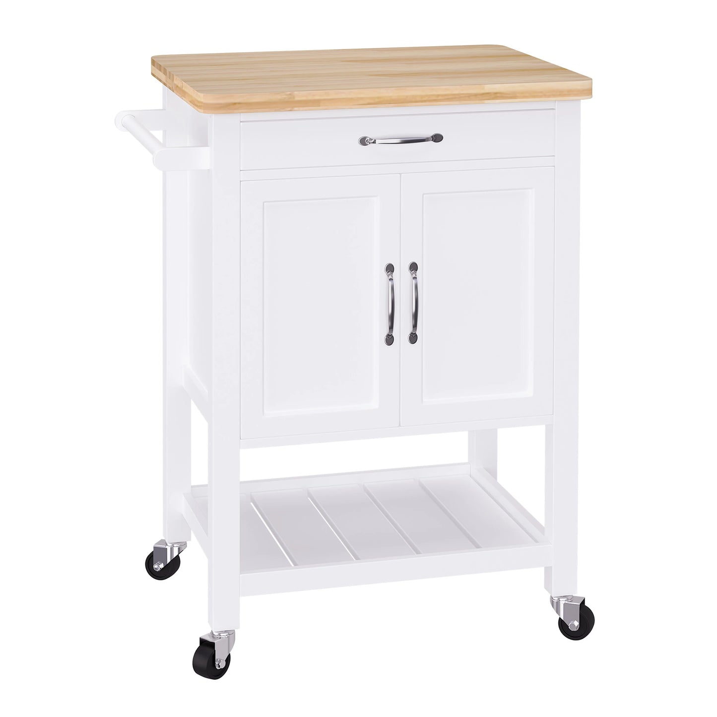 Kitchen Storage Cabinet Trolley Serving Cart Rubber Wood top Rolling Kitchen Island with Towel Rack and Drawer White