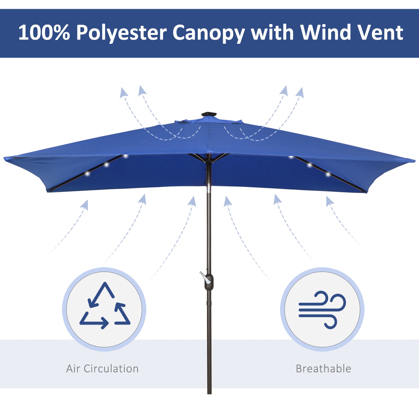 Outsunny 6.5x10ft Patio Umbrella Rectangle Solar Powered Tilt Aluminum Outdoor Market Parasol with LEDs Crank (Dark Blue)