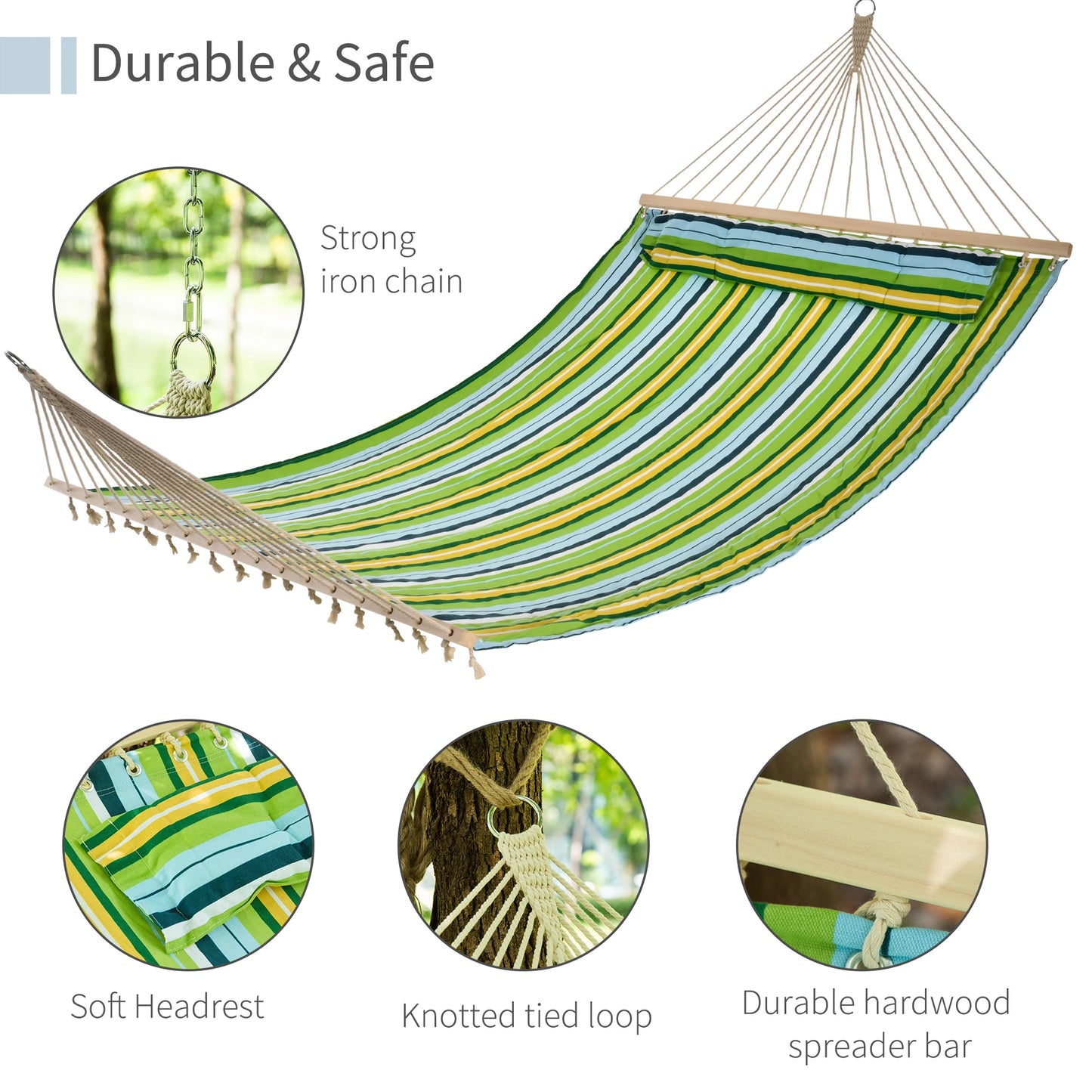 Outsunny 83" Large Hammock Bed Striped Fits 2 People Sun Bed Camping hang Sleep w/ Pillow