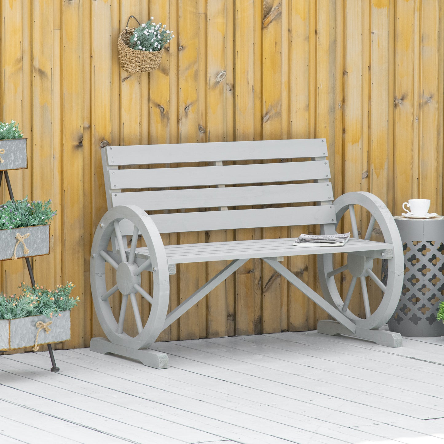 Outsunny 42" Wood Wagon Wheel Bench Garden Loveseat Rustic Seat Relaxing Lounge Chair Outdoor Decorative Seat Park Decor Grey